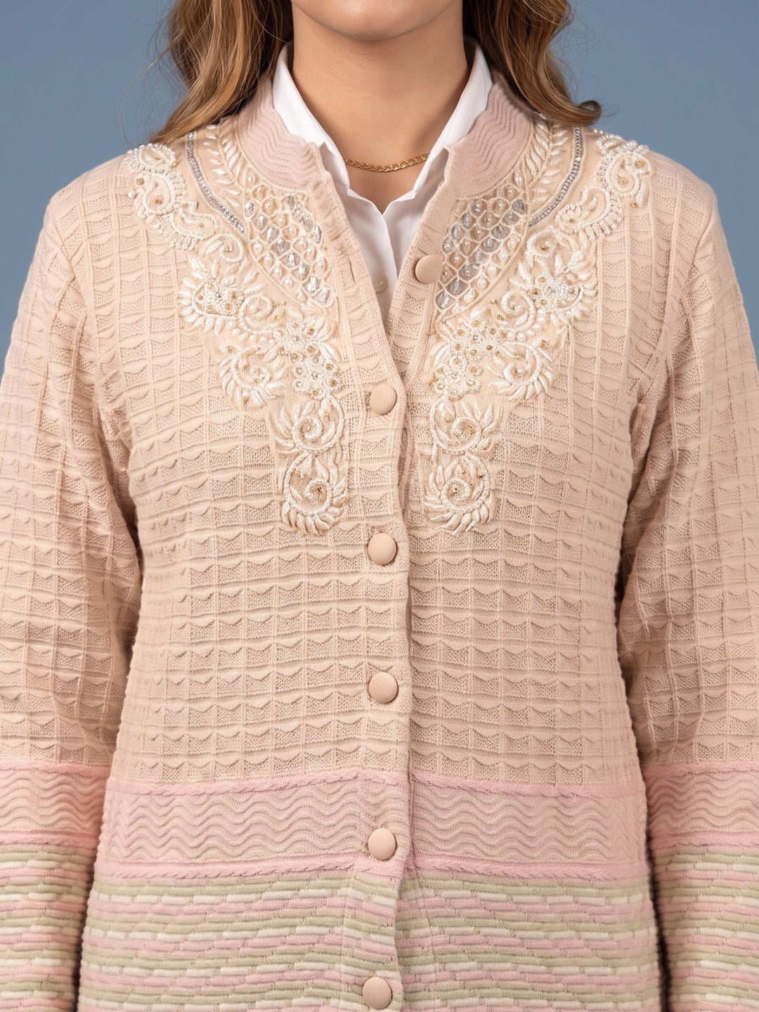 Peachmode Beige Waffle Knit Embroidered Woolen Cardigan - Image 5