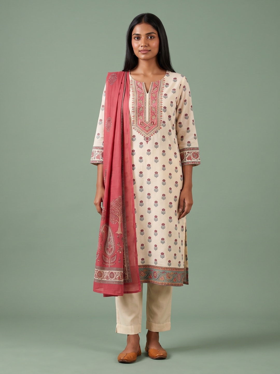 Peachmode Cream Muslin Embroidered Yoke Salwar Suit - Image 1