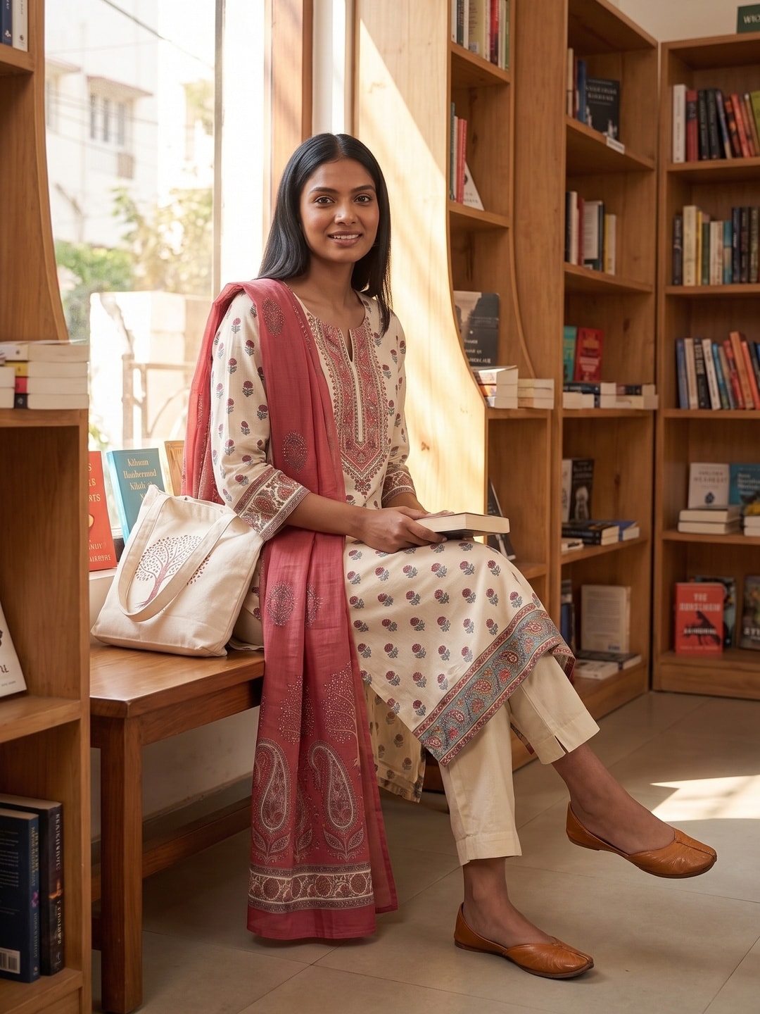 Peachmode Cream Muslin Embroidered Yoke Salwar Suit - Image 2