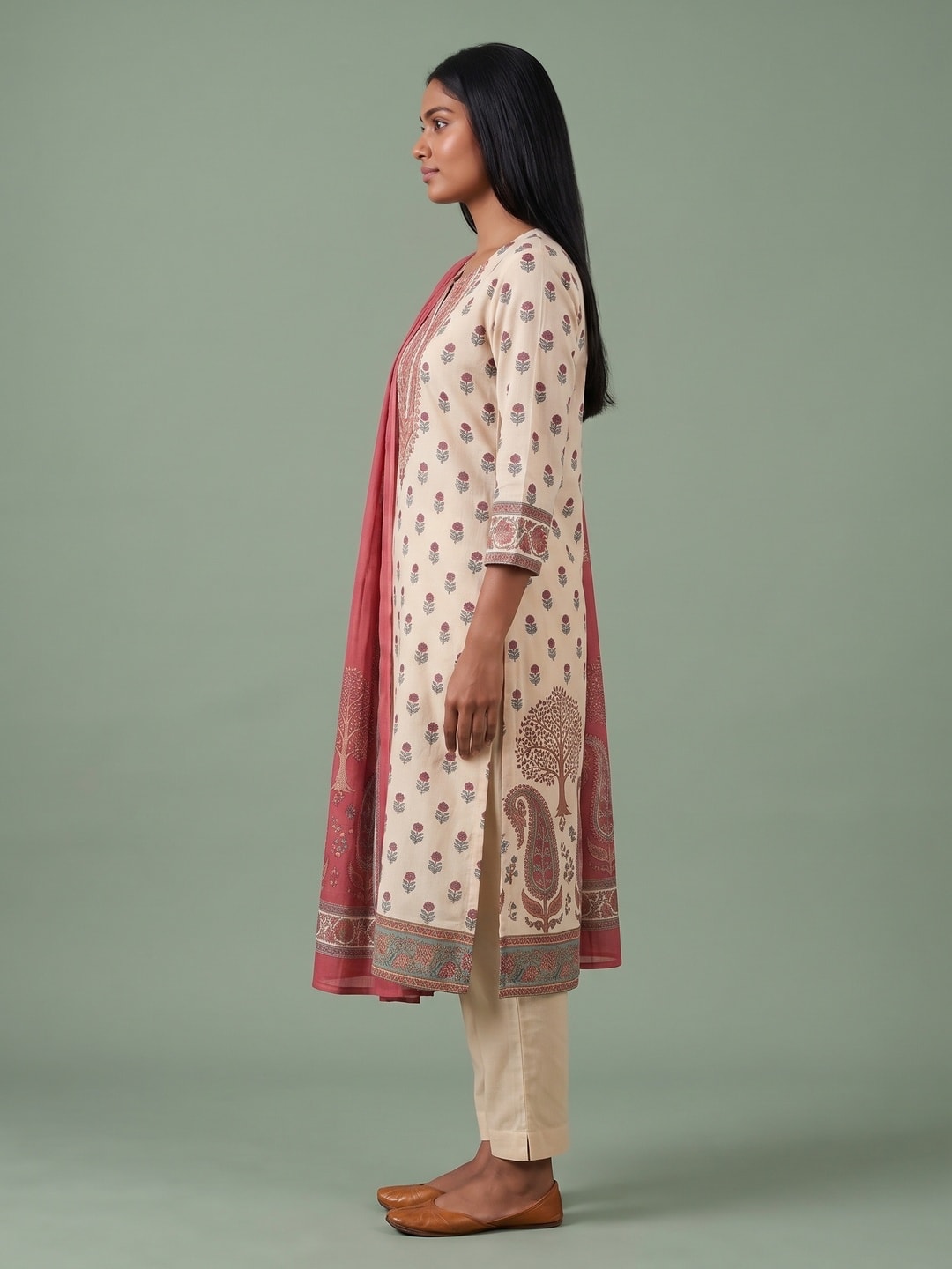 Peachmode Cream Muslin Embroidered Yoke Salwar Suit - Image 3
