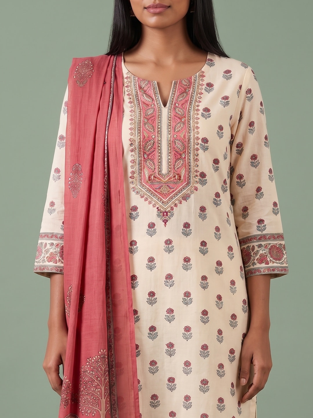 Peachmode Cream Muslin Embroidered Yoke Salwar Suit - Image 5