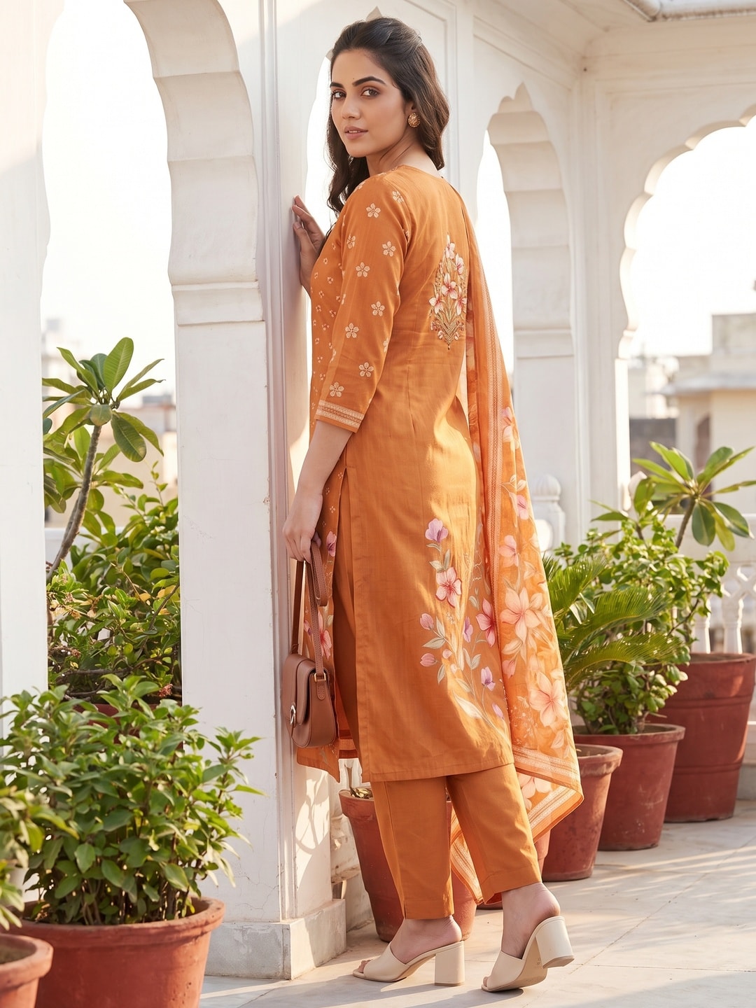 Peachmode Orange Muslin Embroidered Neck Salwar Suit - Image 2