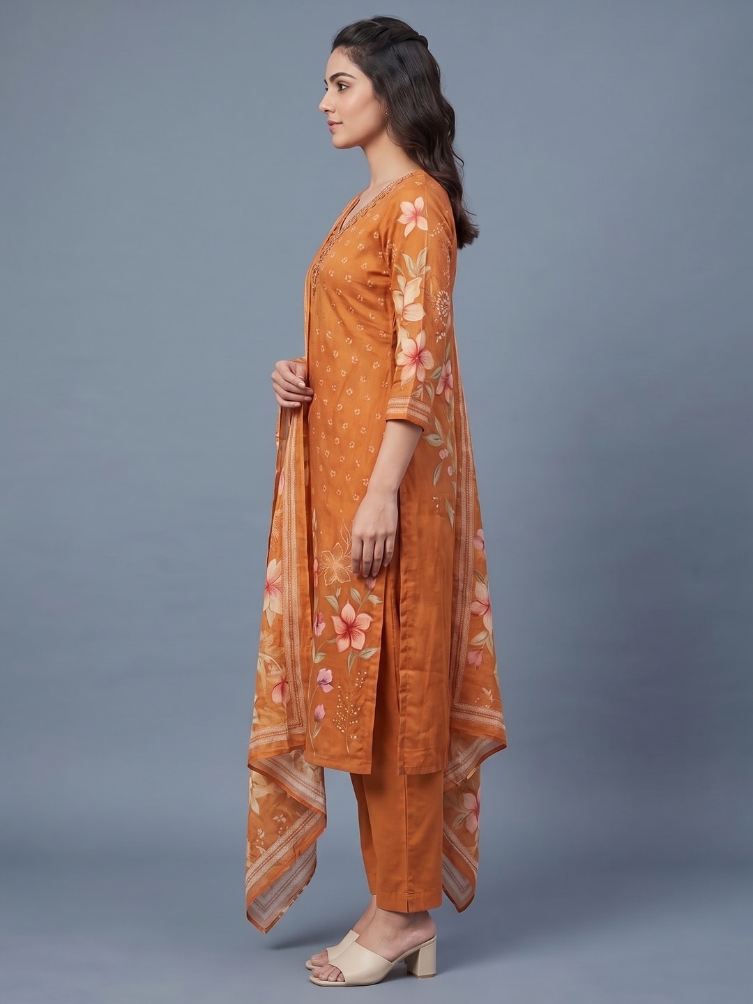 Peachmode Orange Muslin Embroidered Neck Salwar Suit - Image 3
