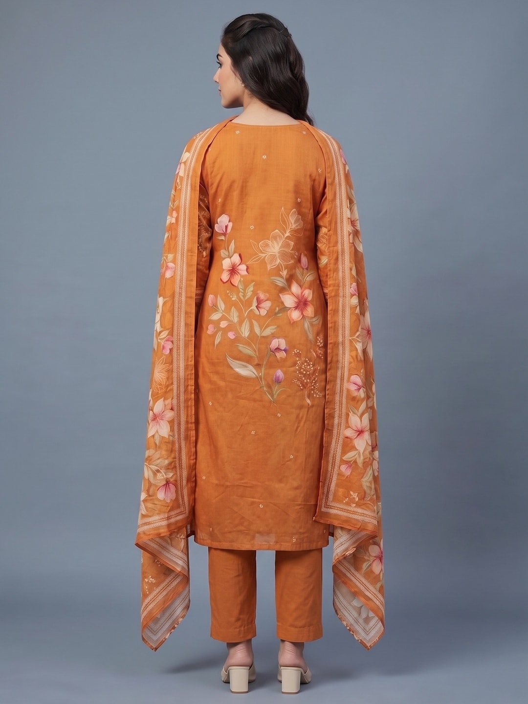 Peachmode Orange Muslin Embroidered Neck Salwar Suit - Image 4