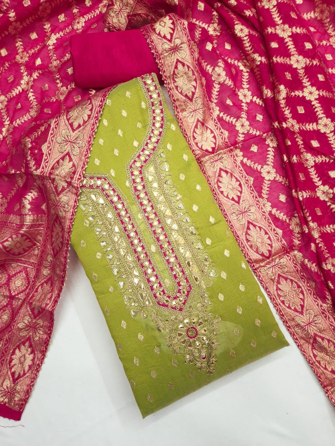 Peachmode Lime Green Shimmer Silk Unstitched Dress Material With Sequence Neck Work And Banarasi Jacquard Dupatta - Image 1