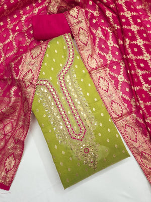 Peachmode Lime Green Shimmer Silk Unstitched Dress Material With Sequence Neck Work And Banarasi Jacquard Dupatta - Image 1