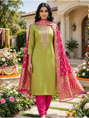 Peachmode Lime Green Shimmer Silk Unstitched Dress Material With Sequence Neck Work And Banarasi Jacquard Dupatta - Image 2