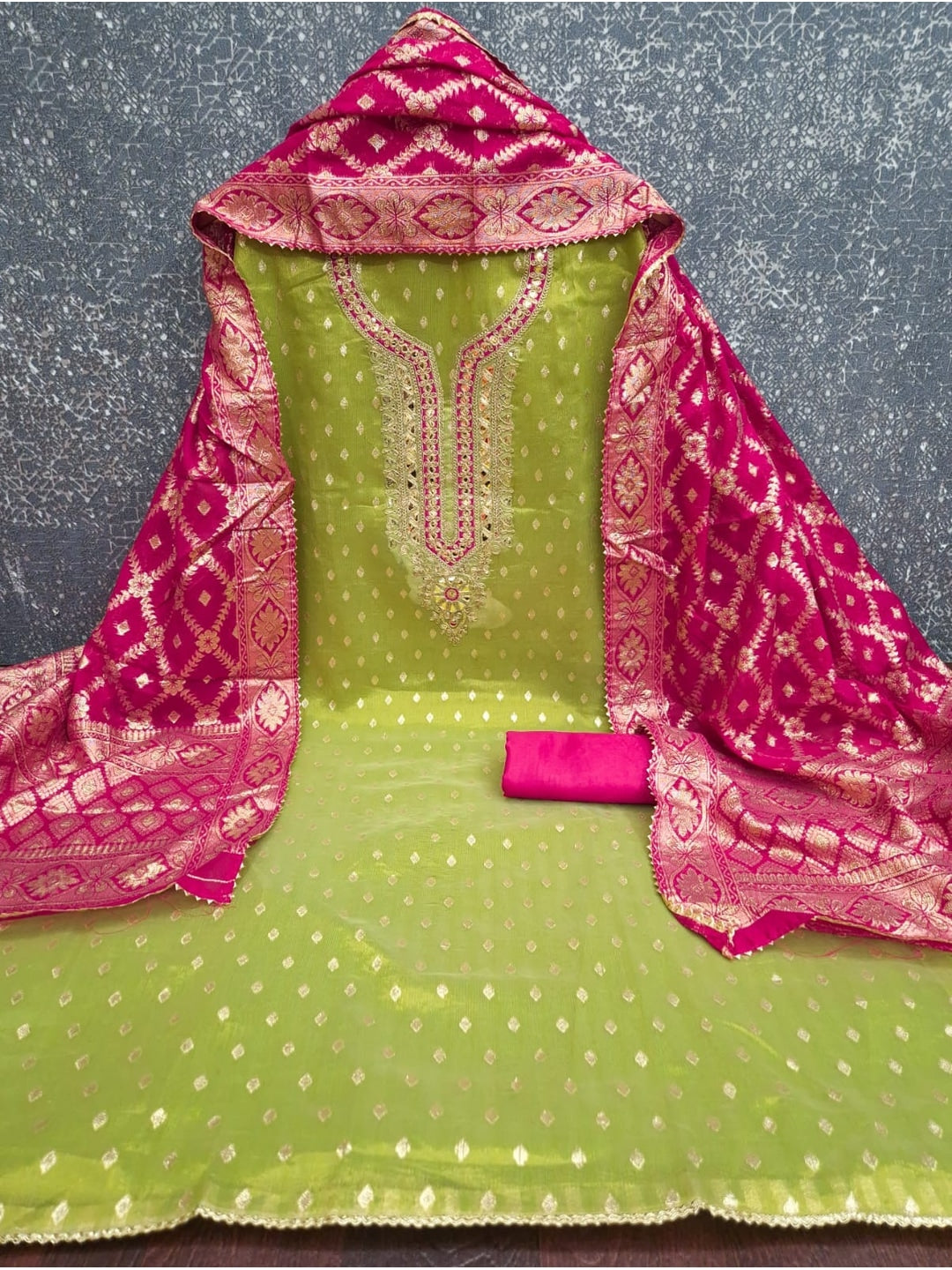 Peachmode Lime Green Shimmer Silk Unstitched Dress Material With Sequence Neck Work And Banarasi Jacquard Dupatta - Image 3
