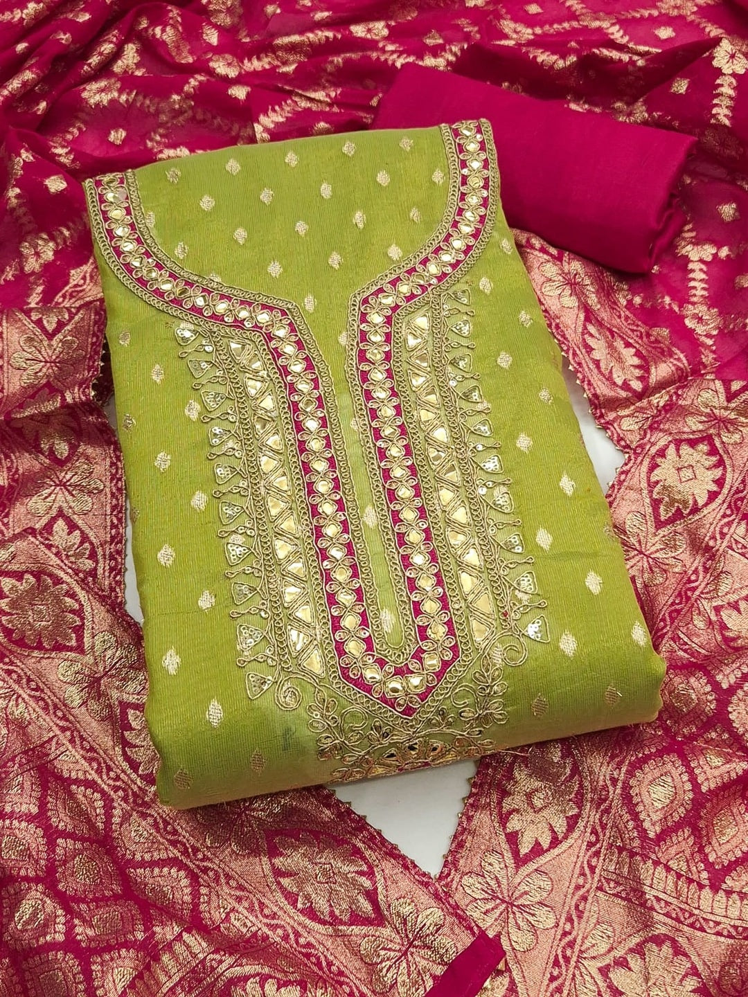 Peachmode Lime Green Shimmer Silk Unstitched Dress Material With Sequence Neck Work And Banarasi Jacquard Dupatta - Image 4