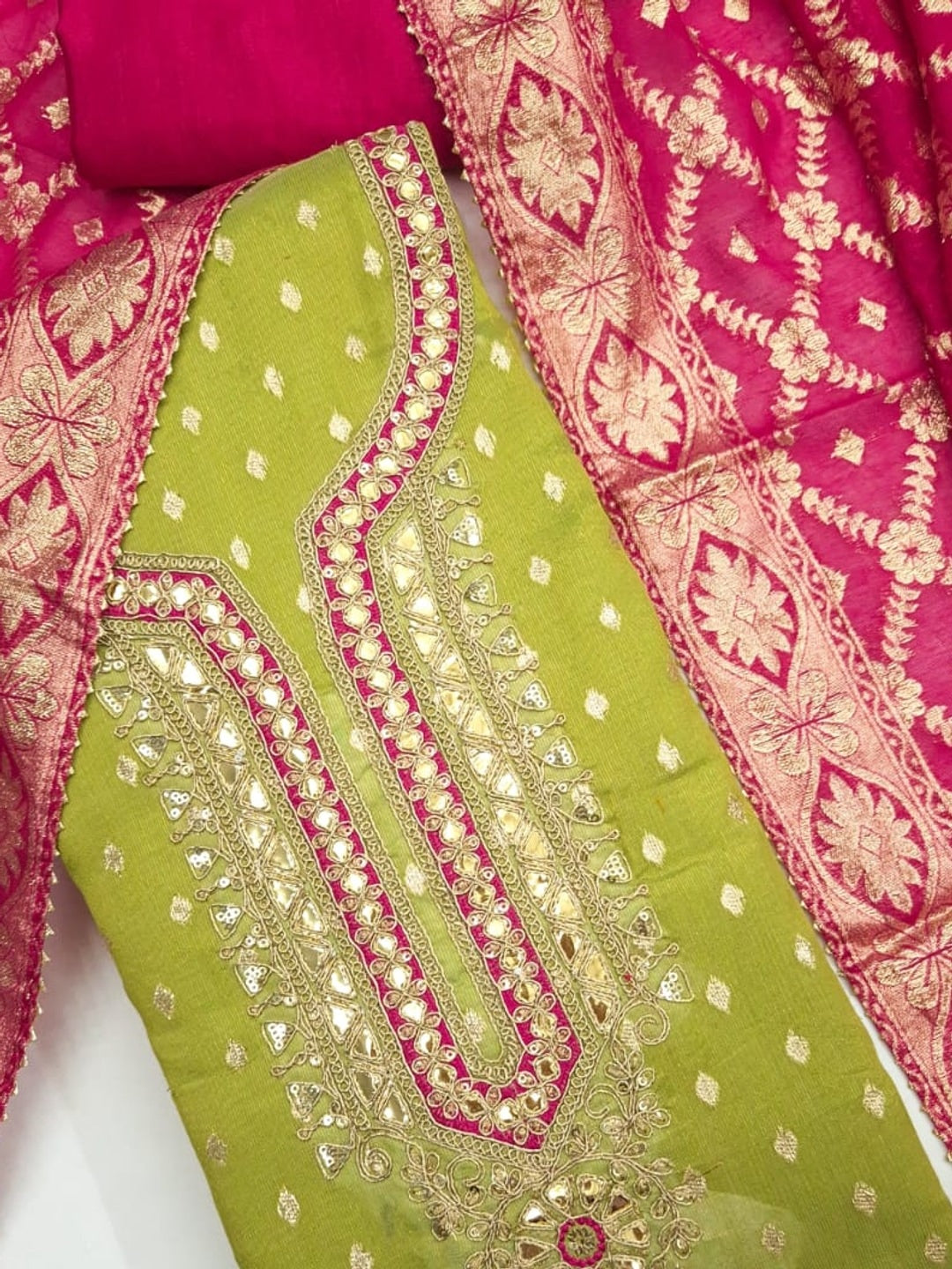 Peachmode Lime Green Shimmer Silk Unstitched Dress Material With Sequence Neck Work And Banarasi Jacquard Dupatta - Image 5