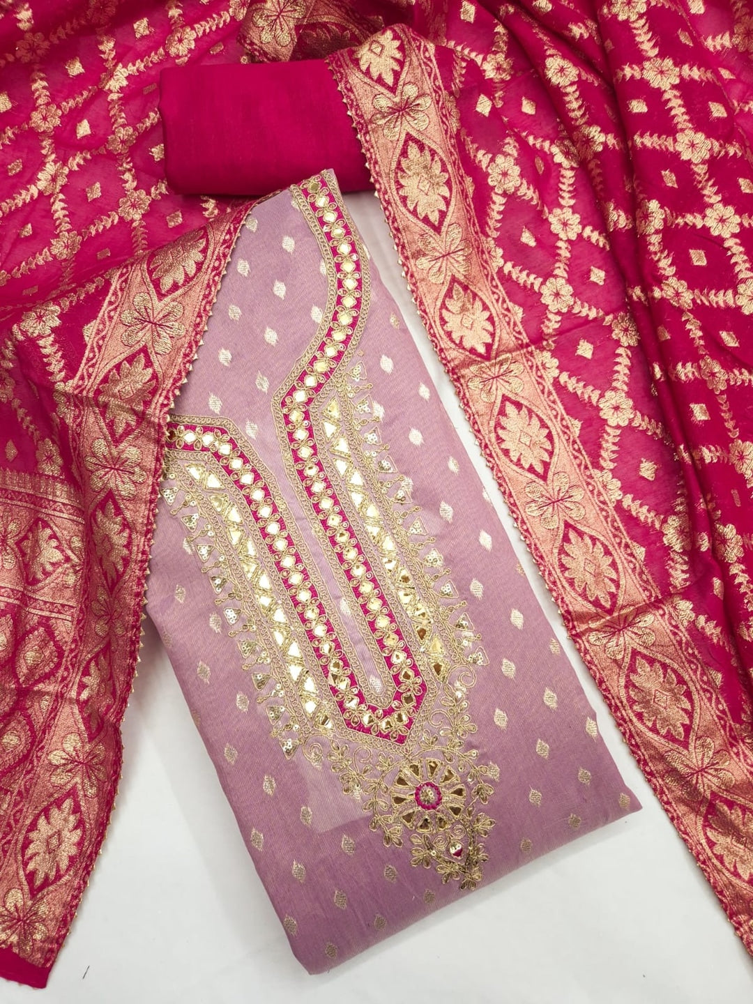Peachmode Lavender Shimmer Silk Unstitched Dress Material With Sequence Neck Work And Banarasi Jacquard Dupatta - Image 1