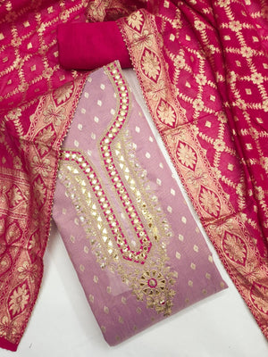 Peachmode Lavender Shimmer Silk Unstitched Dress Material With Sequence Neck Work And Banarasi Jacquard Dupatta - Image 1