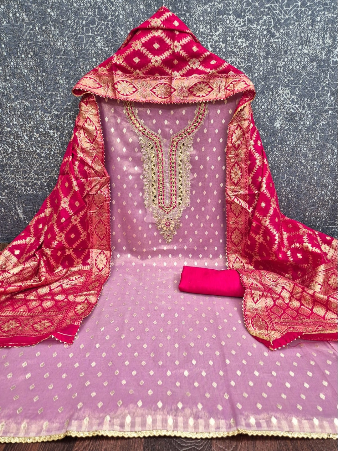 Peachmode Lavender Shimmer Silk Unstitched Dress Material With Sequence Neck Work And Banarasi Jacquard Dupatta - Image 3