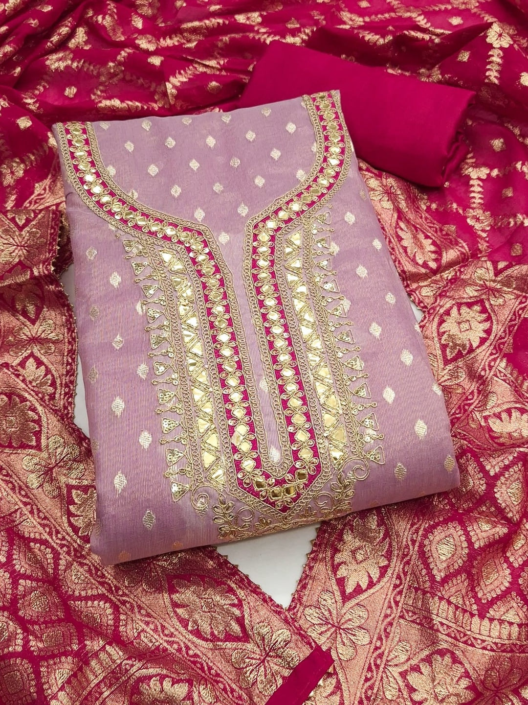 Peachmode Lavender Shimmer Silk Unstitched Dress Material With Sequence Neck Work And Banarasi Jacquard Dupatta - Image 4