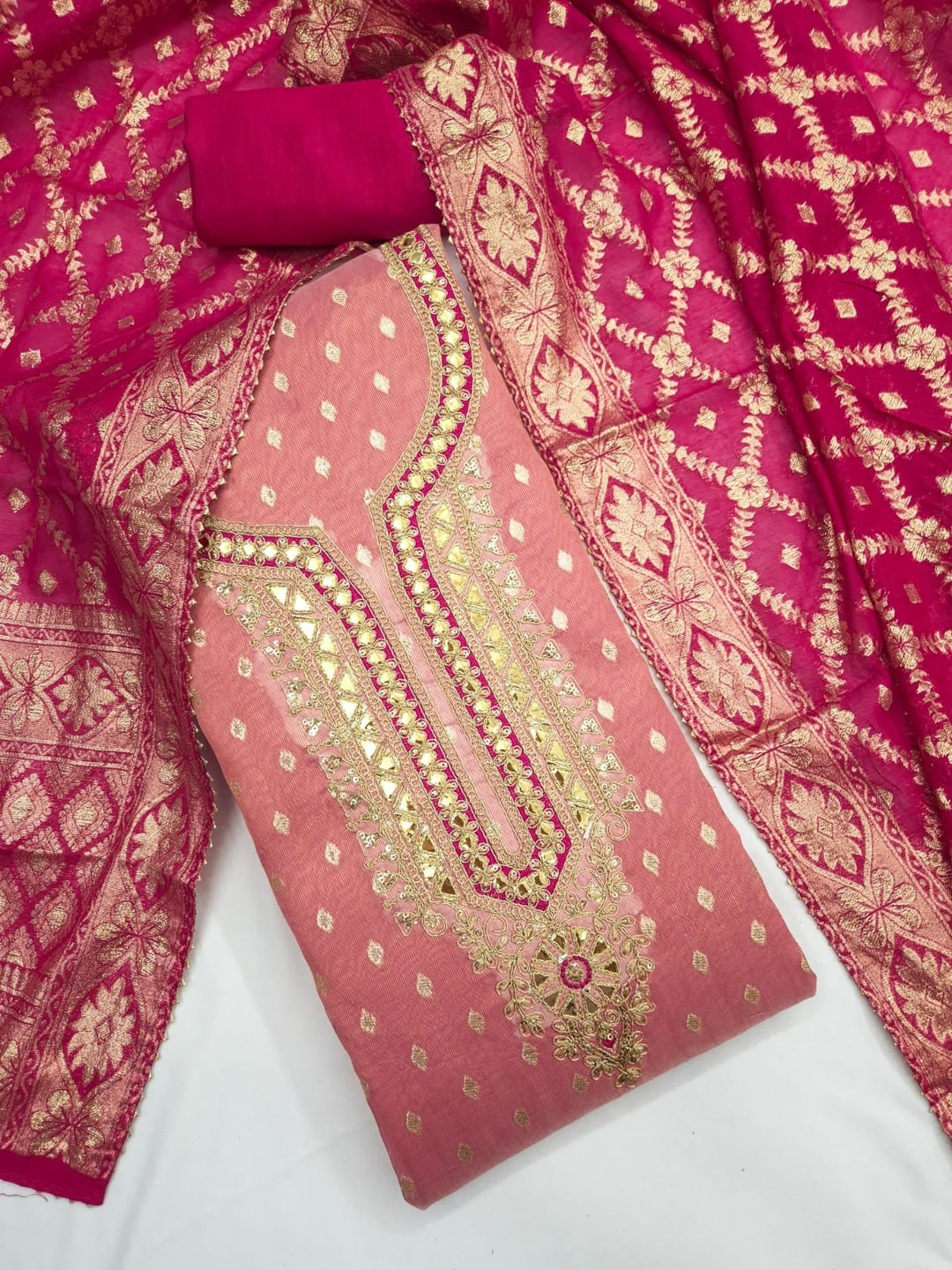Peachmode Peach Shimmer Silk Unstitched Dress Material With Sequence Neck Work And Banarasi Jacquard Dupatta - Image 1