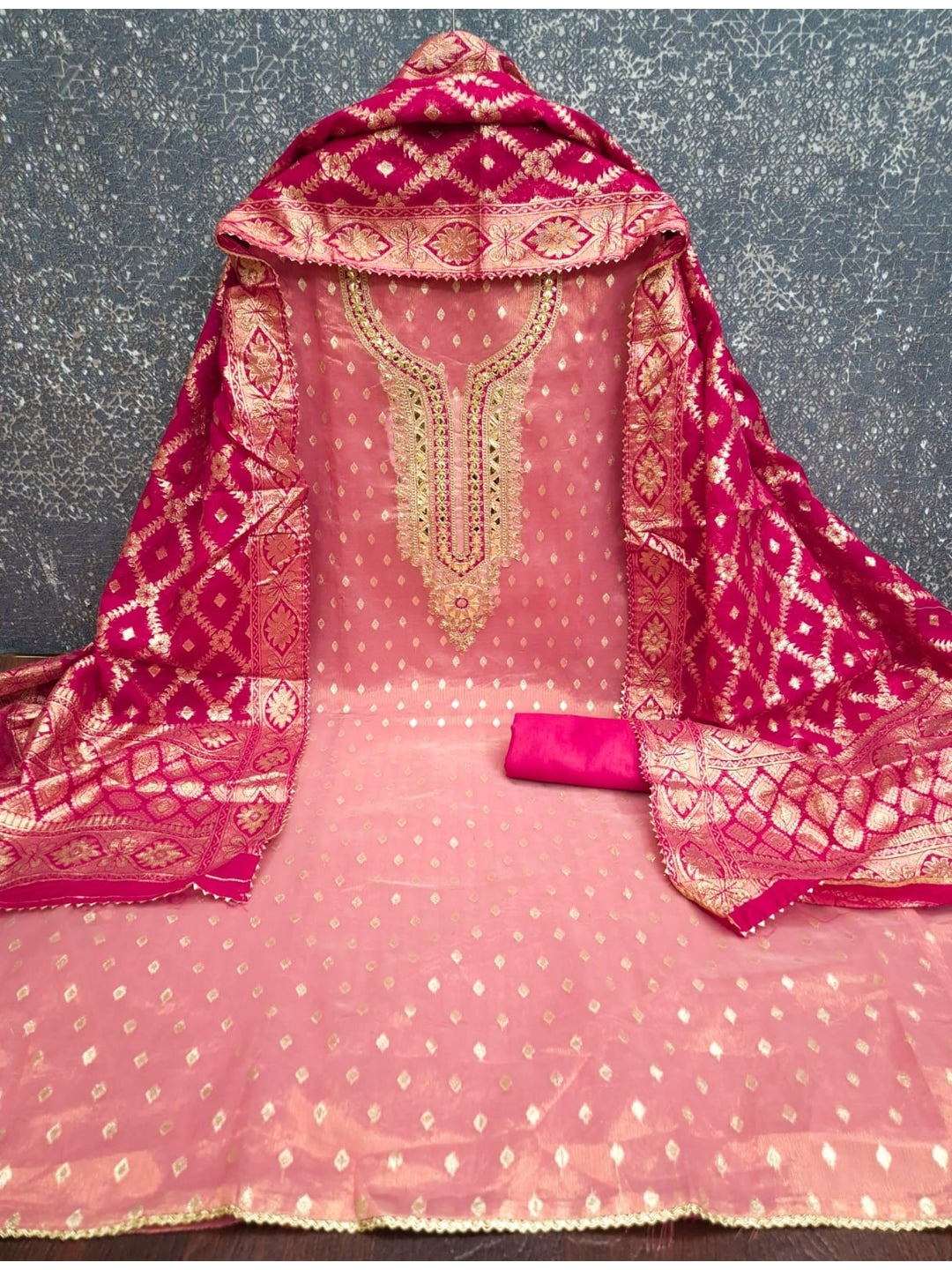 Peachmode Peach Shimmer Silk Unstitched Dress Material With Sequence Neck Work And Banarasi Jacquard Dupatta - Image 3