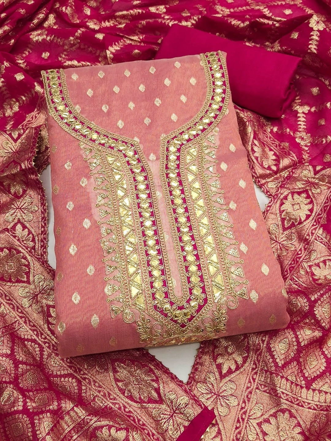 Peachmode Peach Shimmer Silk Unstitched Dress Material With Sequence Neck Work And Banarasi Jacquard Dupatta - Image 4