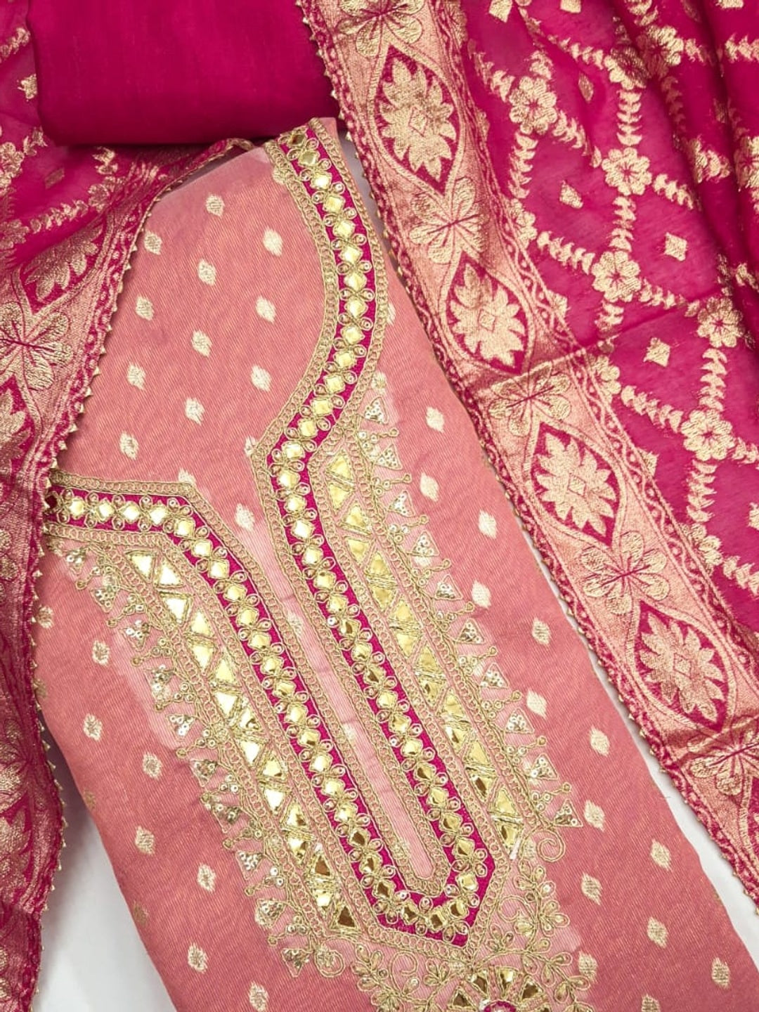 Peachmode Peach Shimmer Silk Unstitched Dress Material With Sequence Neck Work And Banarasi Jacquard Dupatta - Image 5
