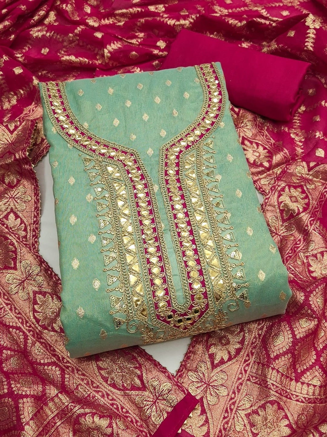 Peachmode Mint Shimmer Silk Unstitched Dress Material With Sequence Neck Work And Banarasi Jacquard Dupatta - Image 4