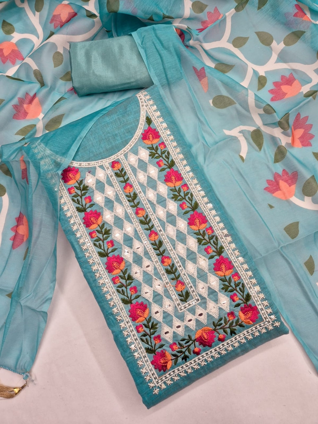 Peachmode Sky Blue Jamdani Silk Unstitched Dress Material With Multi Thread Neck Work And Chanderi Digital Print Dupatta - Image 1
