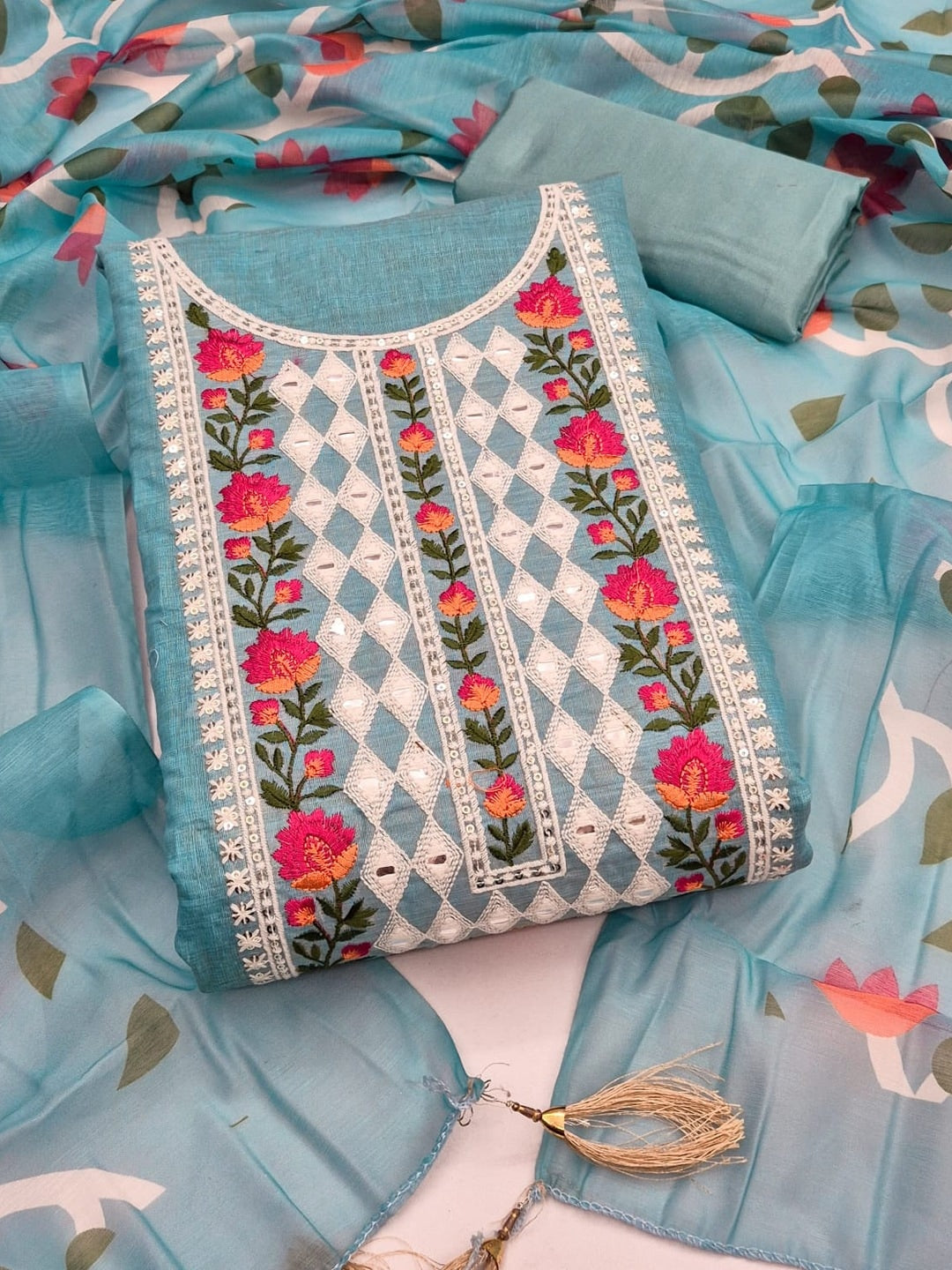 Peachmode Sky Blue Jamdani Silk Unstitched Dress Material With Multi Thread Neck Work And Chanderi Digital Print Dupatta - Image 4