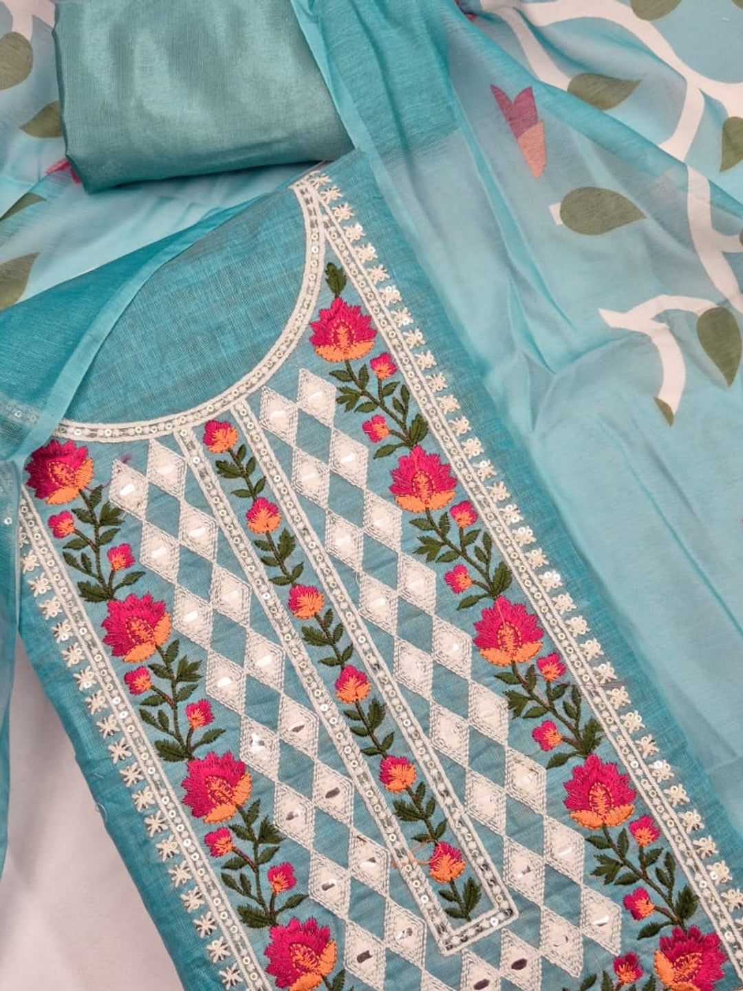 Peachmode Sky Blue Jamdani Silk Unstitched Dress Material With Multi Thread Neck Work And Chanderi Digital Print Dupatta - Image 5