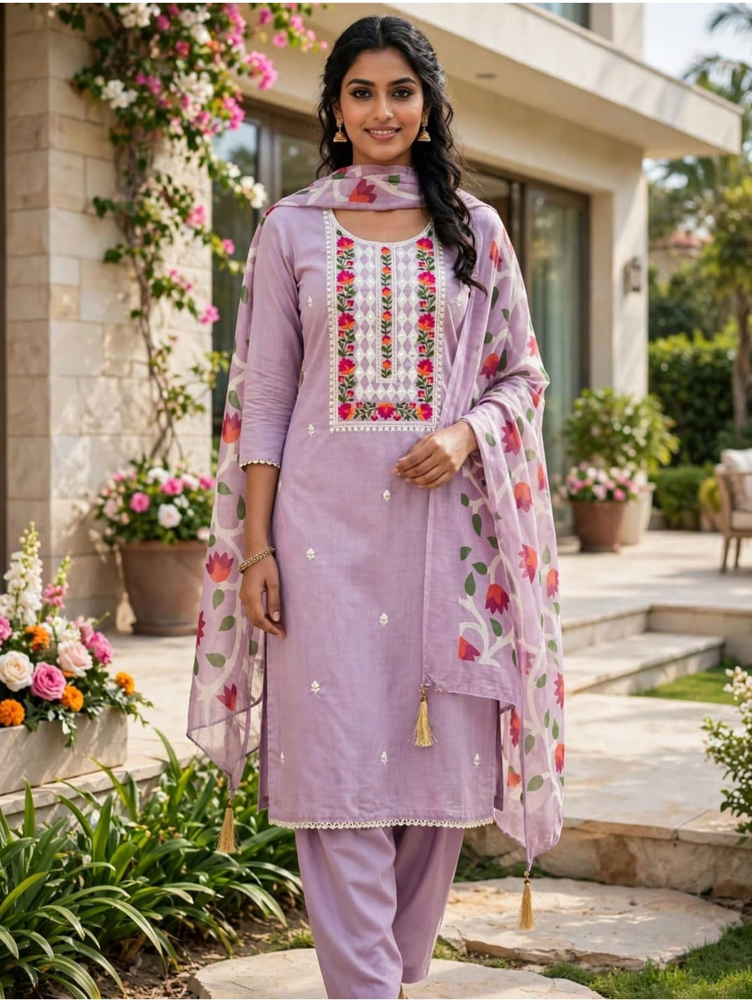 Peachmode Lavender Jamdani Silk Unstitched Dress Material With Multi Thread Neck Work And Chanderi Digital Print Dupatta - Image 2