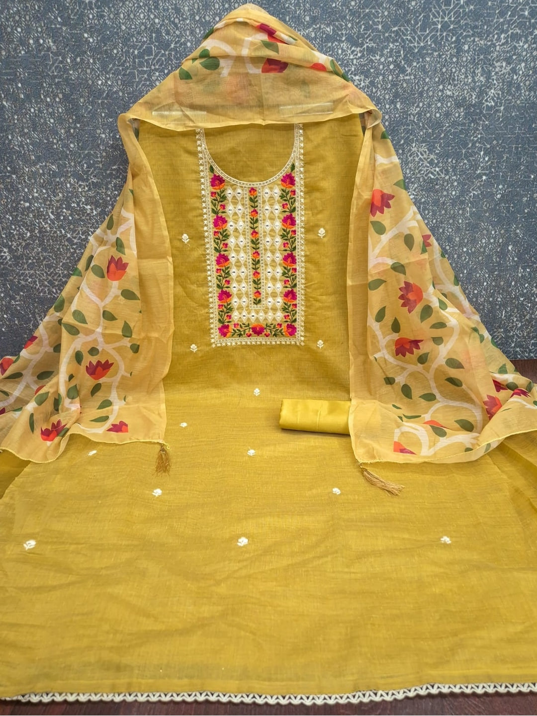 Peachmode Mustard Jamdani Silk Unstitched Dress Material With Multi Thread Neck Work And Chanderi Digital Print Dupatta - Image 3