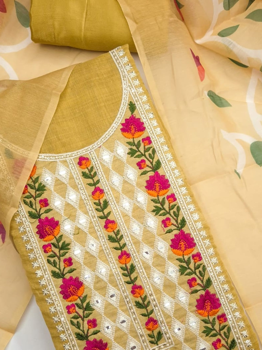 Peachmode Mustard Jamdani Silk Unstitched Dress Material With Multi Thread Neck Work And Chanderi Digital Print Dupatta - Image 5
