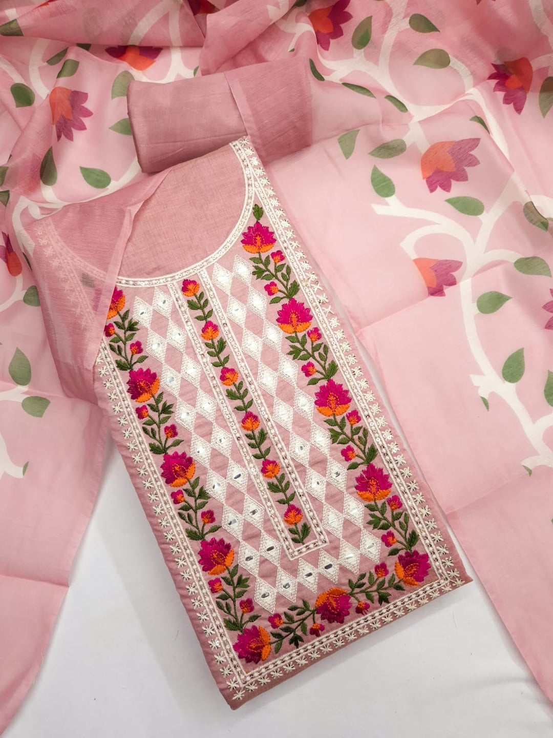 Peachmode Pink Jamdani Silk Unstitched Dress Material With Multi Thread Neck Work And Chanderi Digital Print Dupatta - Image 1