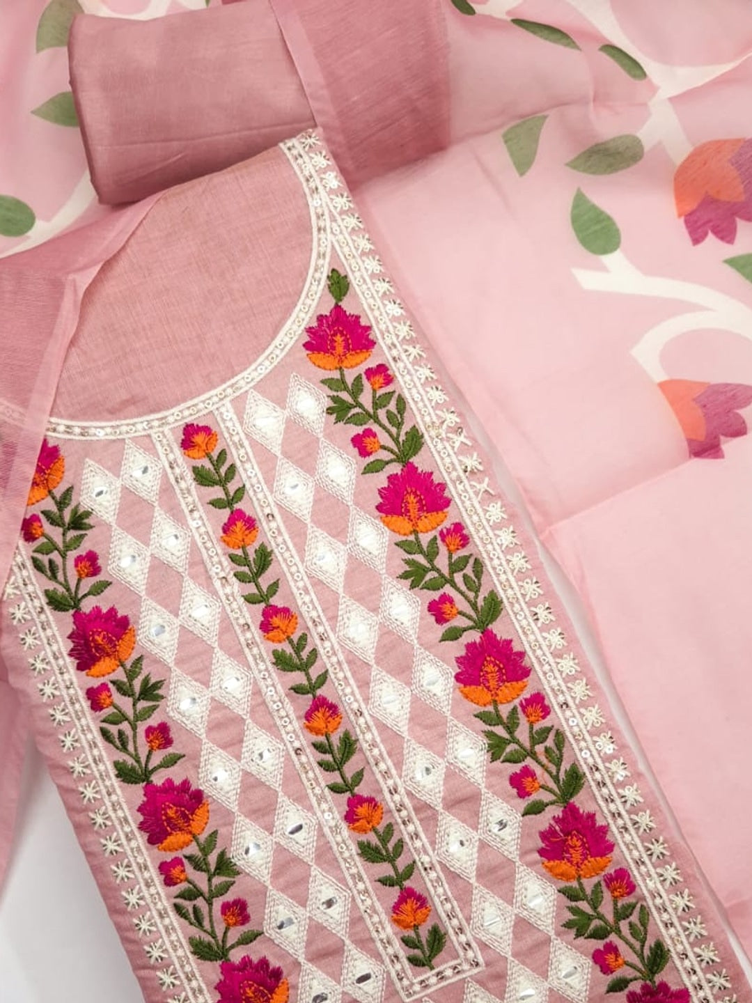 Peachmode Pink Jamdani Silk Unstitched Dress Material With Multi Thread Neck Work And Chanderi Digital Print Dupatta - Image 5