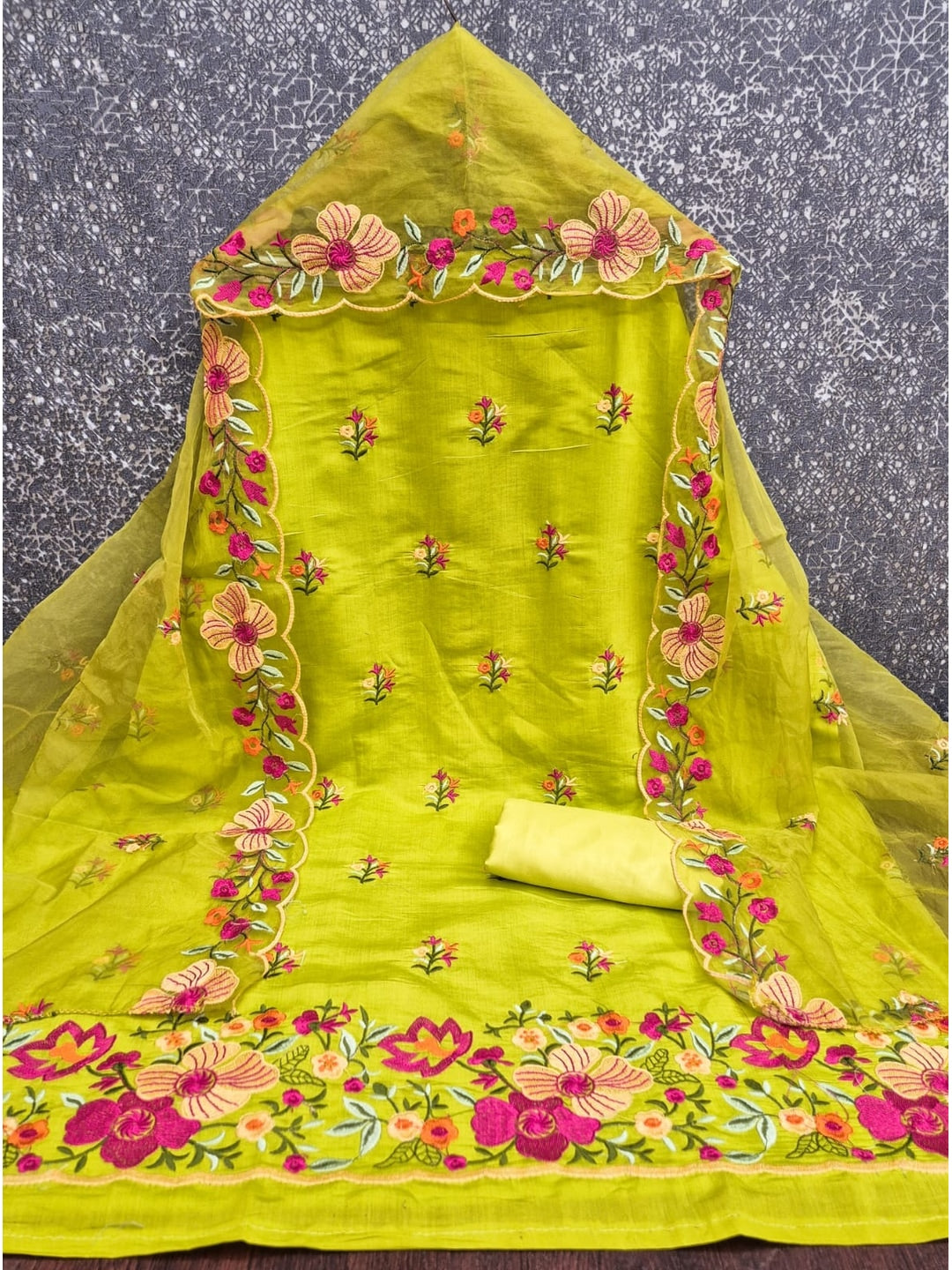 Peachmode Lime Green Roman Silk Unstitched Dress Material With Multi Thread Work And Organza Dupatta - Image 3