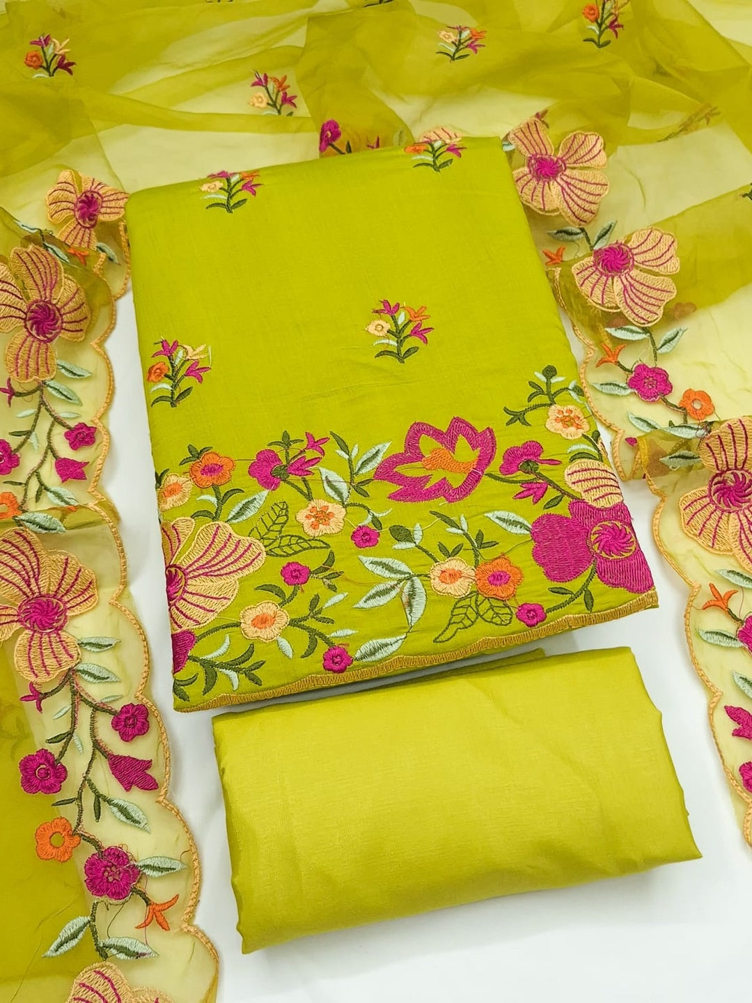 Peachmode Lime Green Roman Silk Unstitched Dress Material With Multi Thread Work And Organza Dupatta - Image 4