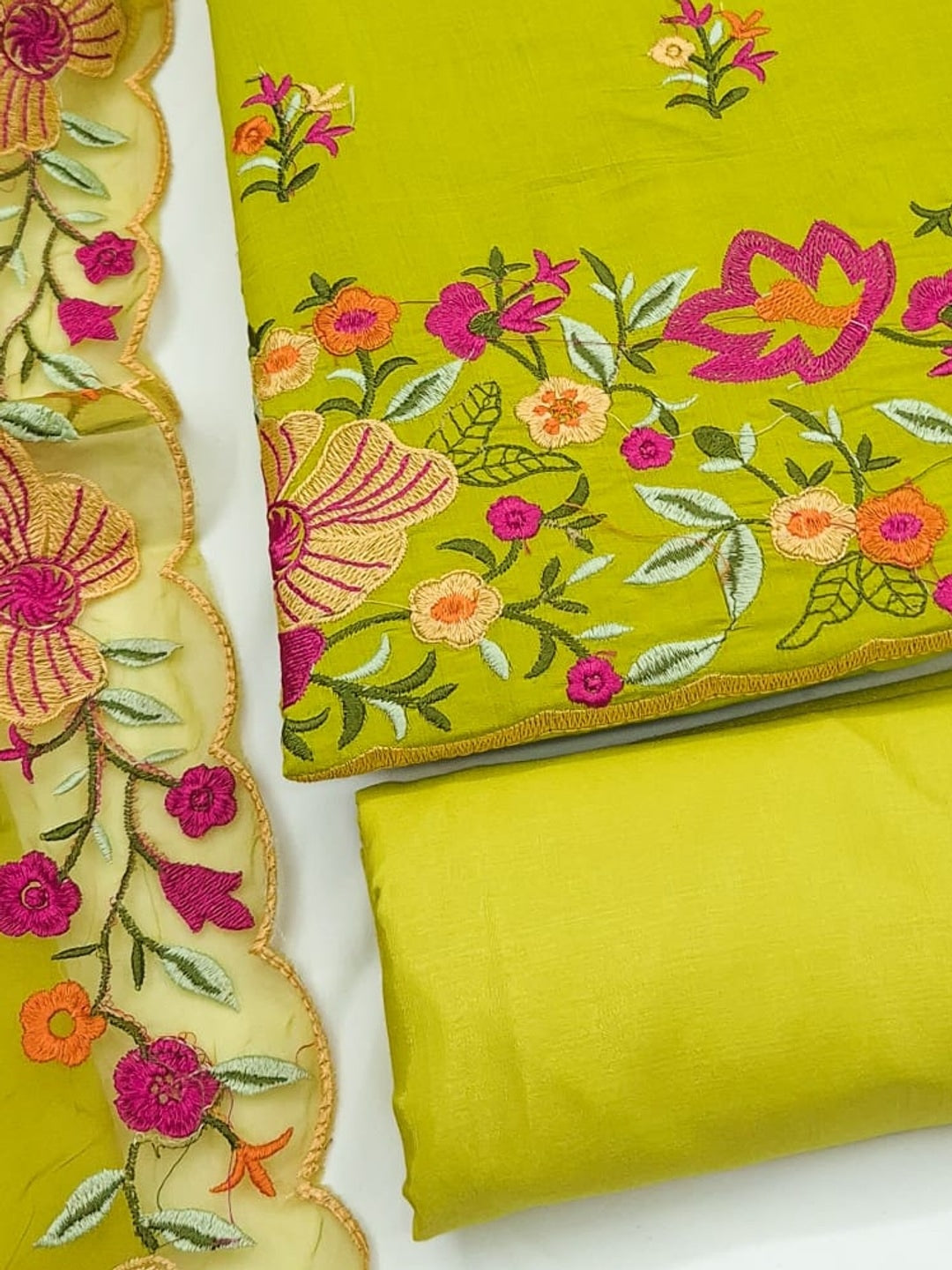 Peachmode Lime Green Roman Silk Unstitched Dress Material With Multi Thread Work And Organza Dupatta - Image 5