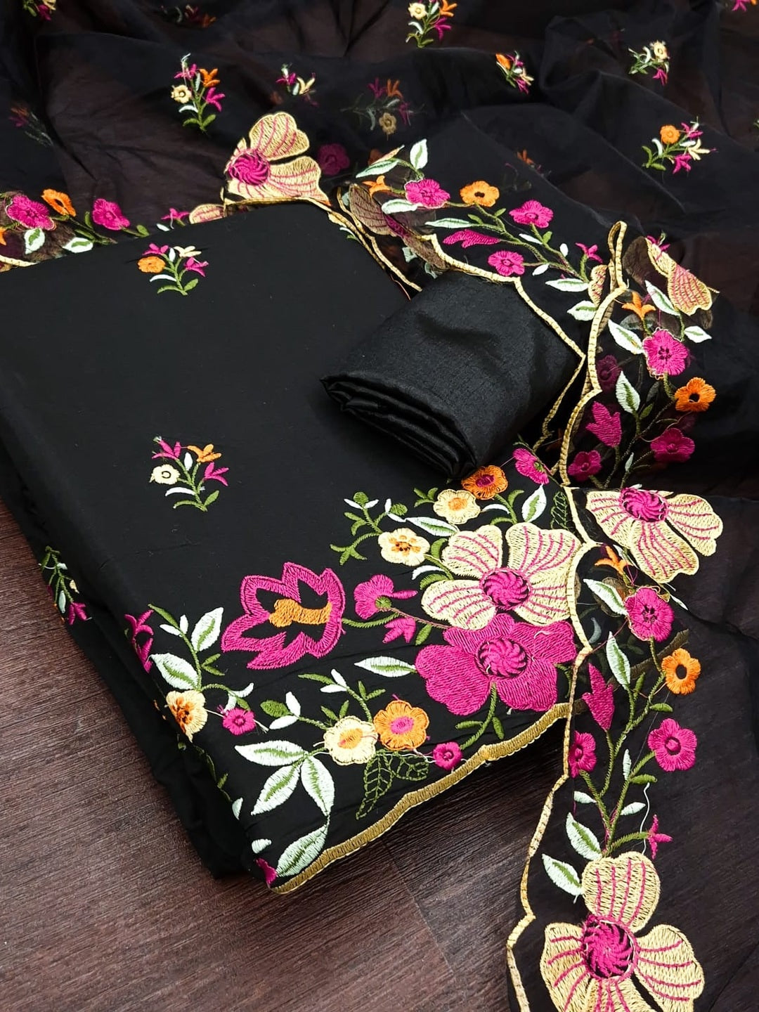 Peachmode Black Roman Silk Unstitched Dress Material With Multi Thread Work And Organza Dupatta - Image 1