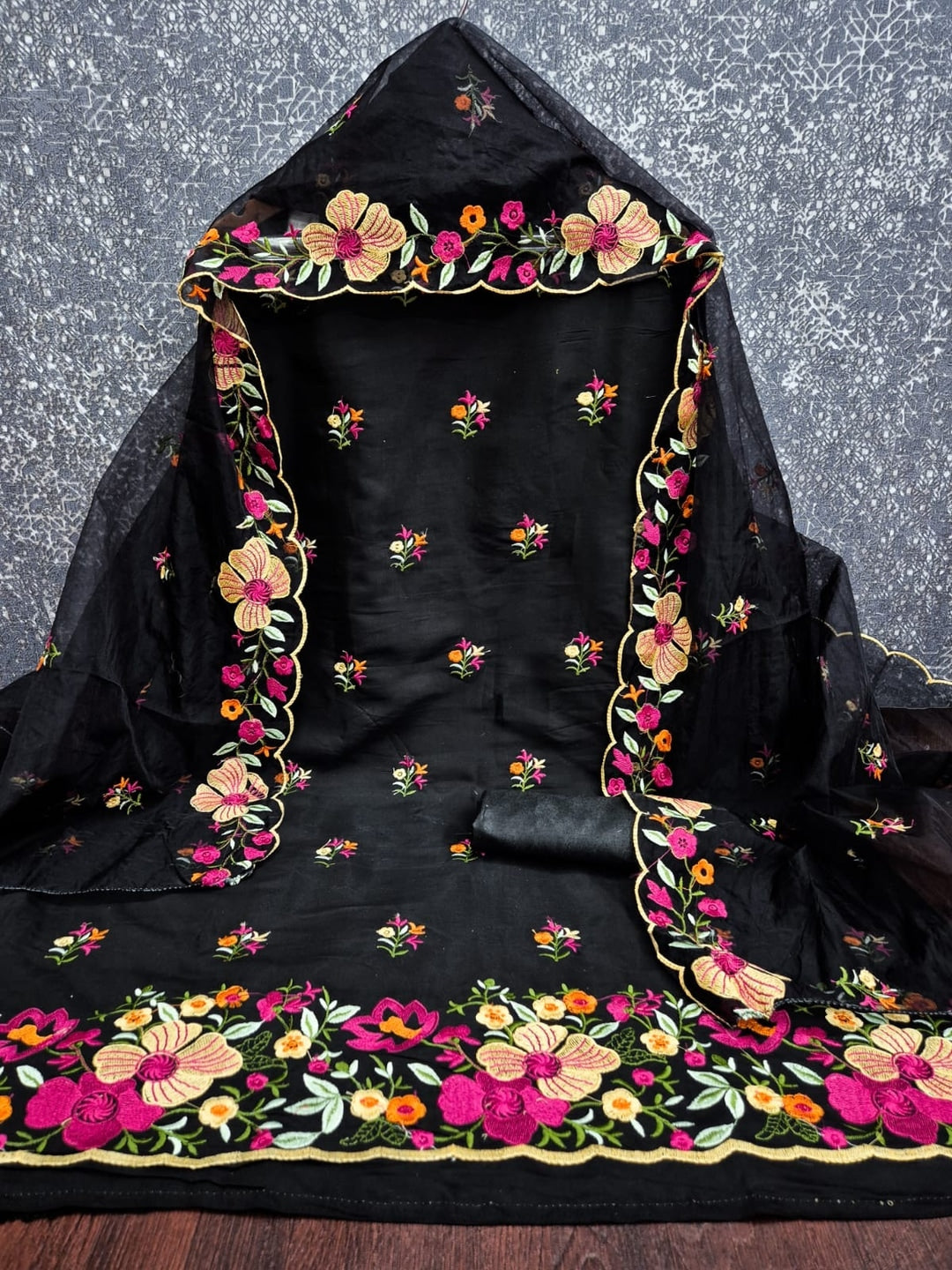 Peachmode Black Roman Silk Unstitched Dress Material With Multi Thread Work And Organza Dupatta - Image 4