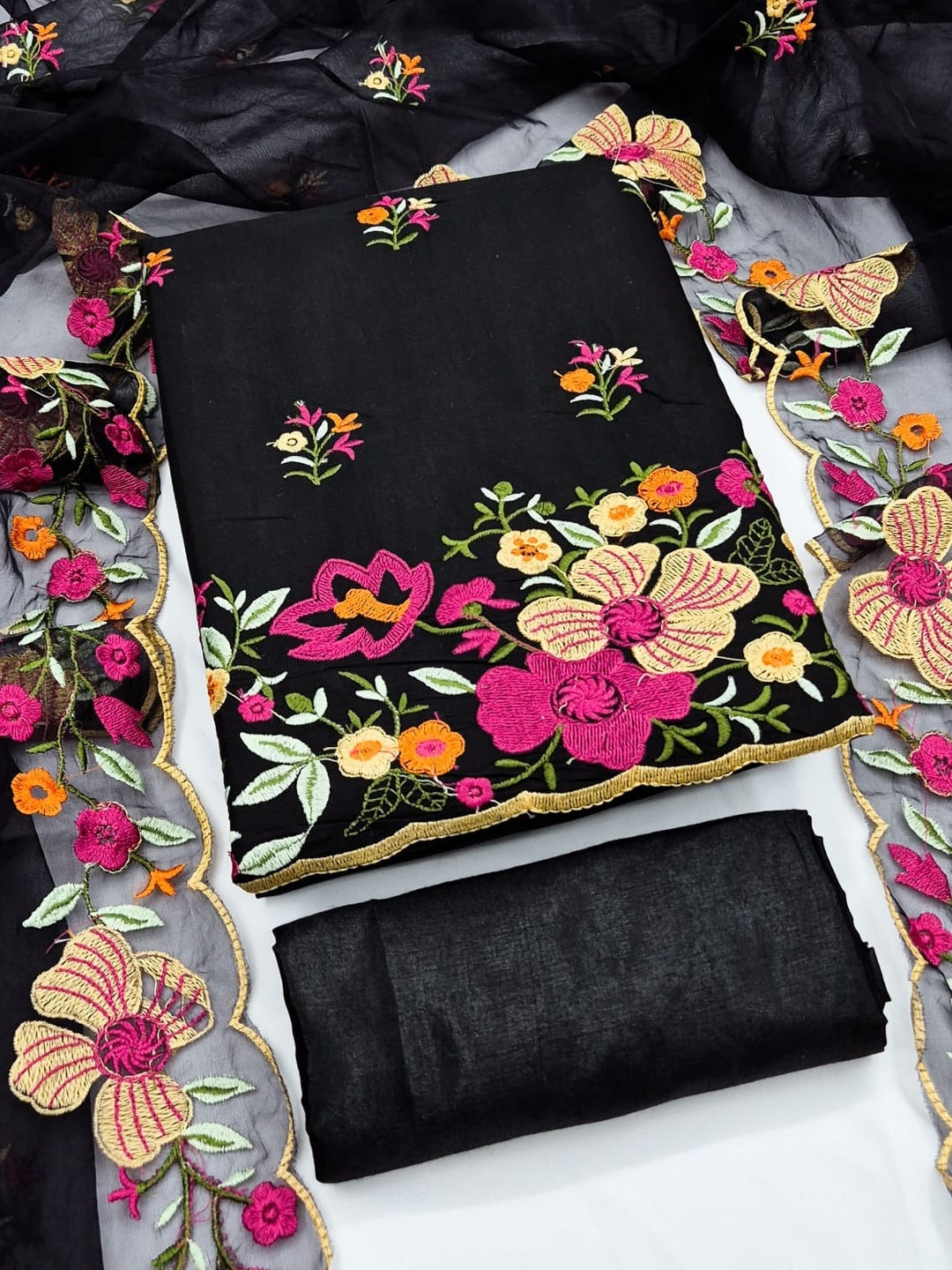 Peachmode Black Roman Silk Unstitched Dress Material With Multi Thread Work And Organza Dupatta - Image 5