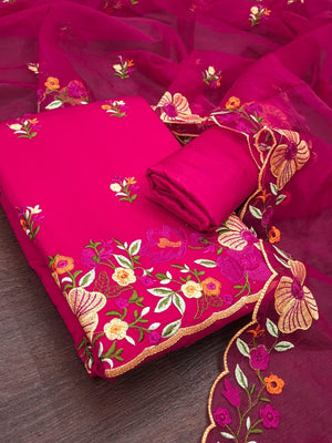 Peachmode Pink Roman Silk Unstitched Dress Material With Multi Thread Work And Organza Dupatta - Image 1