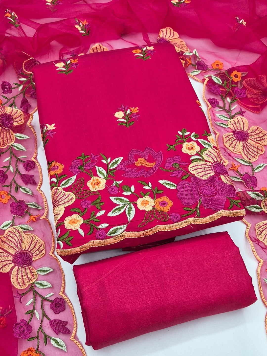 Peachmode Pink Roman Silk Unstitched Dress Material With Multi Thread Work And Organza Dupatta - Image 5