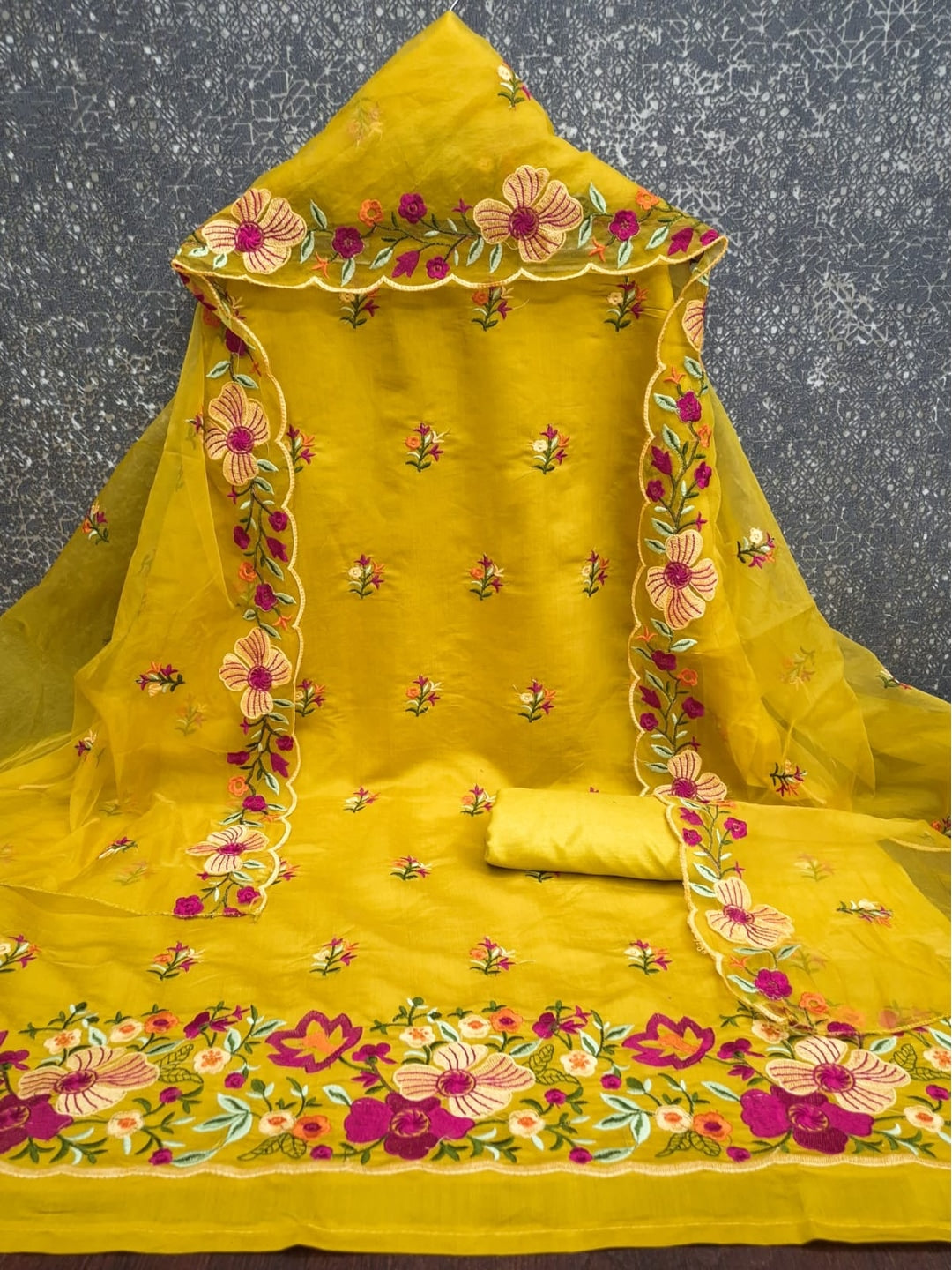 Peachmode Mustard Roman Silk Unstitched Dress Material With Multi Thread Work And Organza Dupatta - Image 4