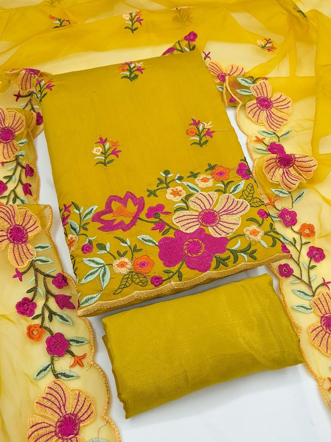 Peachmode Mustard Roman Silk Unstitched Dress Material With Multi Thread Work And Organza Dupatta - Image 5