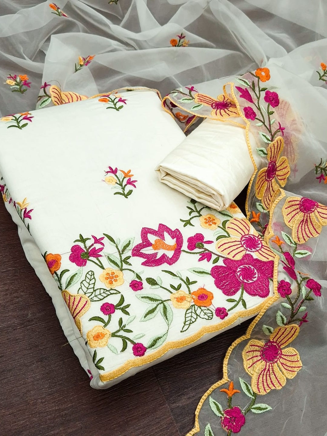 Peachmode White Roman Silk Unstitched Dress Material With Multi Thread Work And Organza Dupatta - Image 1