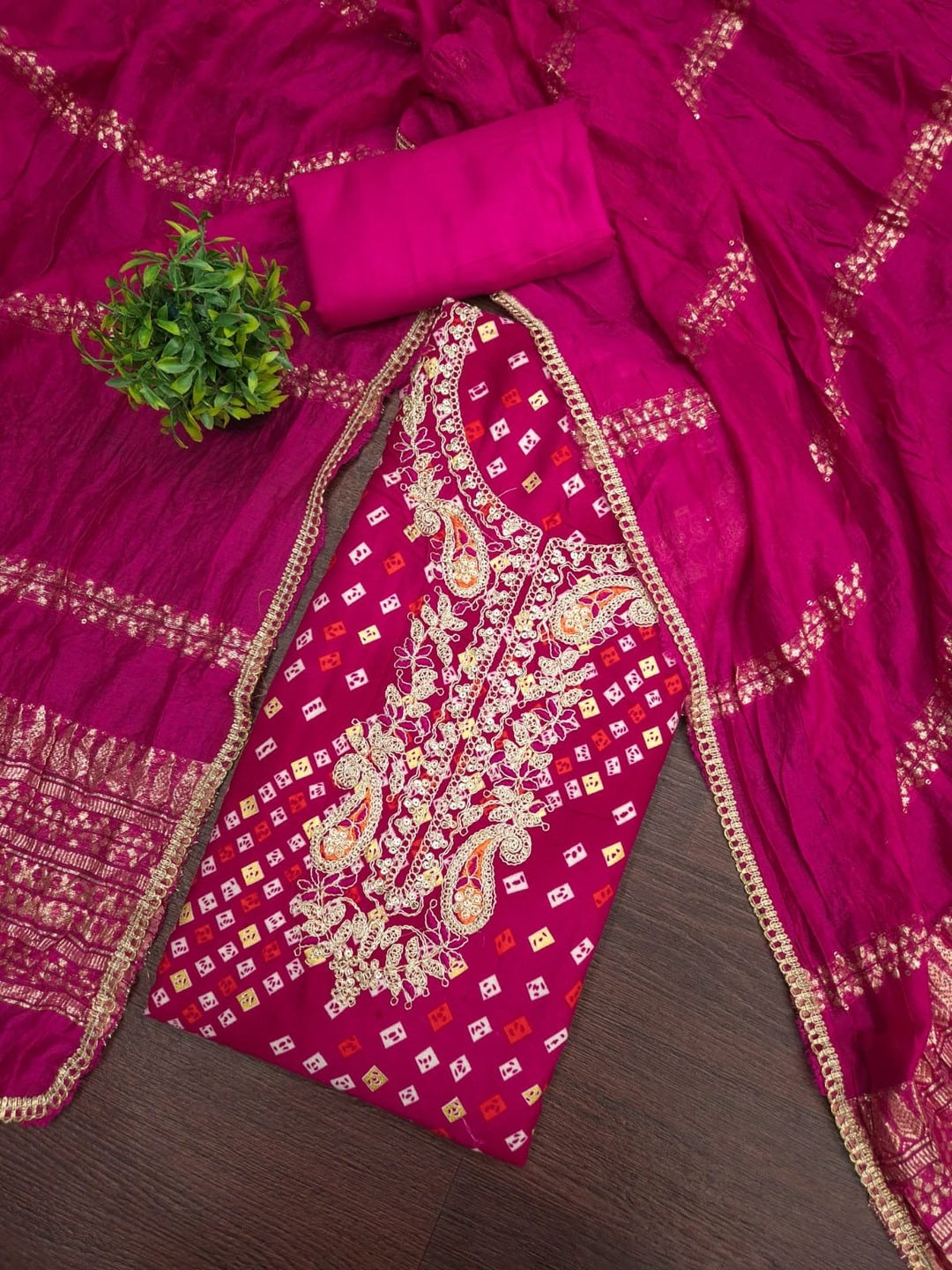 Peachmode Rani Pink Rayon Bandhani Print Unstitched Dress Material With Zari Neck Embroidery - Image 1