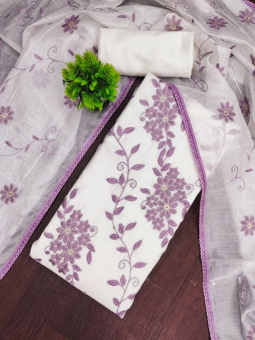 Peachmode Lilac Roman Silk Unstitched Dress Material With Contrast Floral Vine Embroidery - Image 1