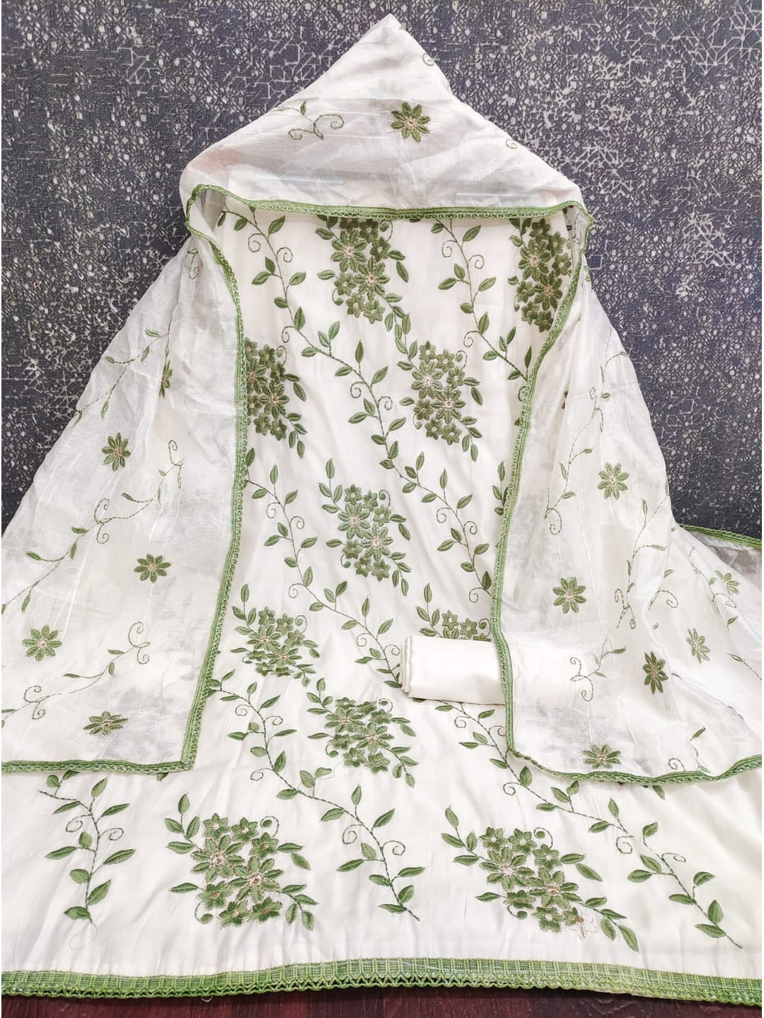 Peachmode Sage Roman Silk Unstitched Dress Material With Contrast Floral Vine Embroidery - Image 4
