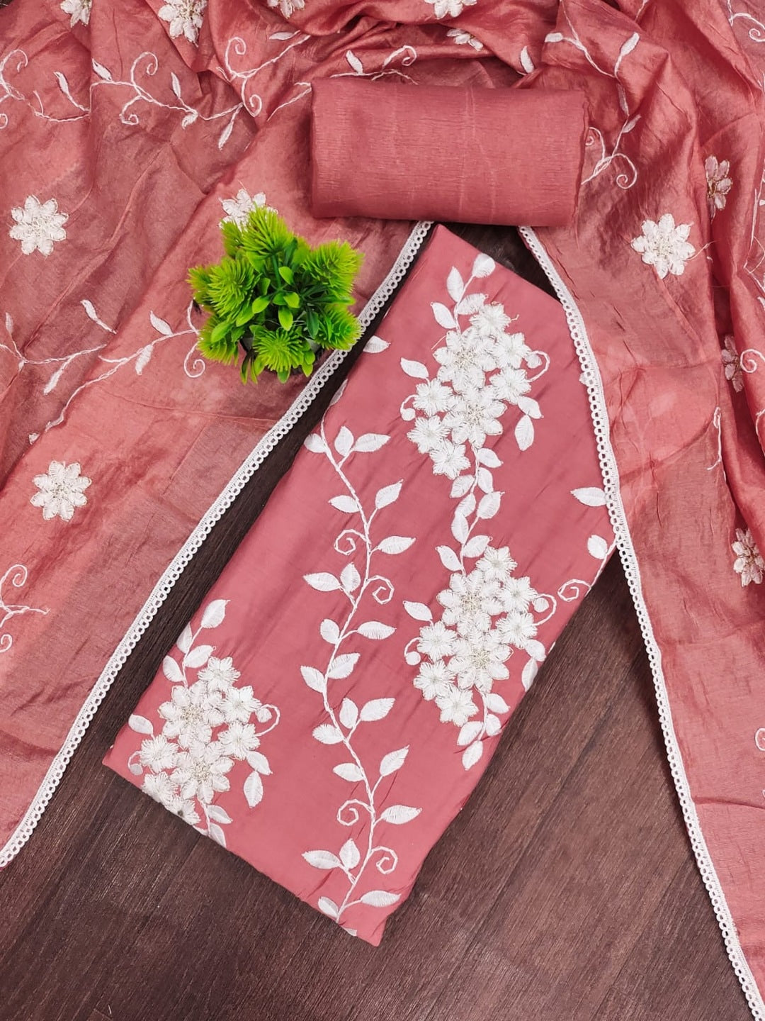 Peachmode Dusty Rose Roman Silk Unstitched Dress Material With White Floral Vine Embroidery - Image 1