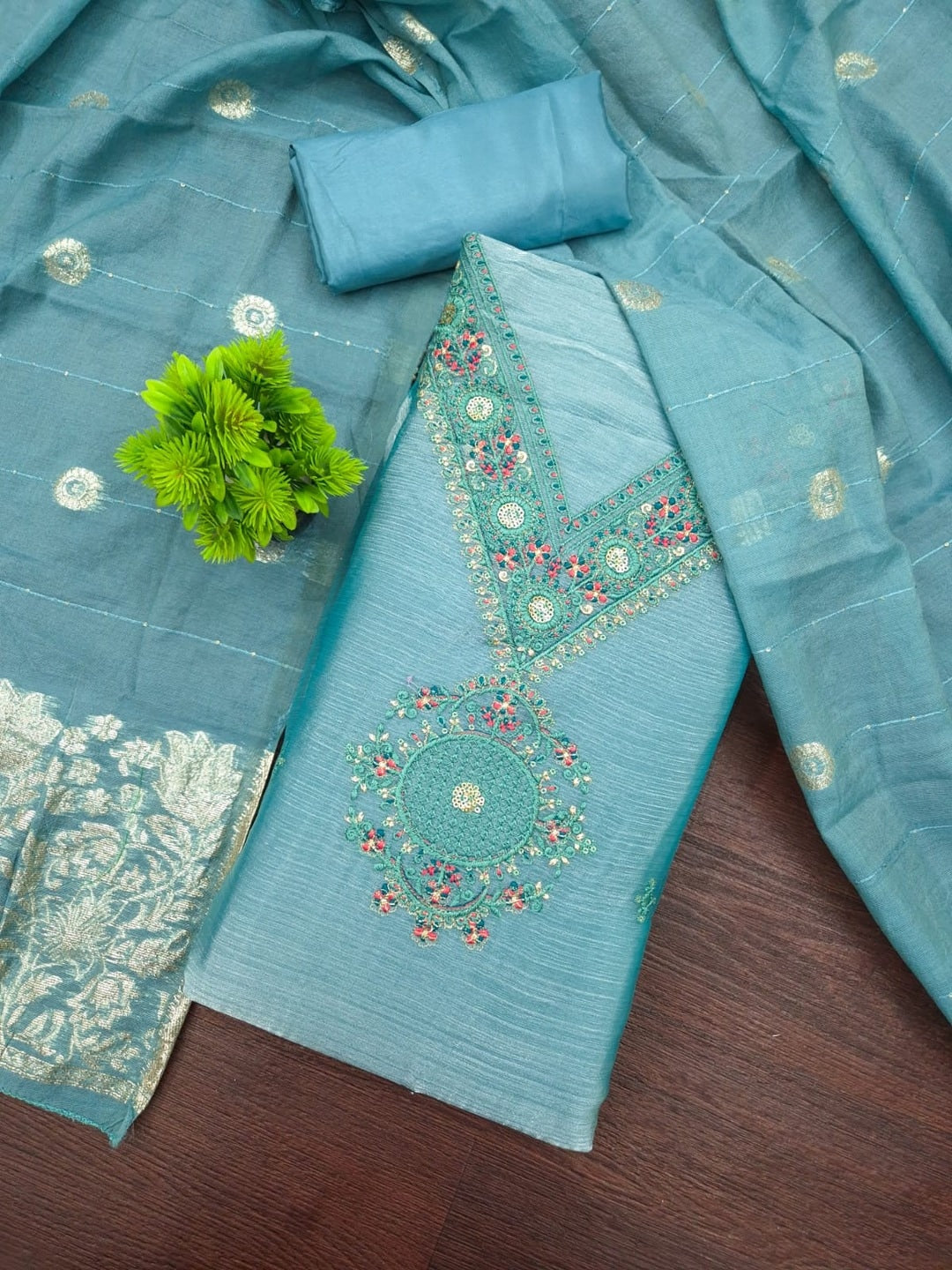Peachmode Powder Blue Barbari Silk Unstitched Dress Material With V-Neck Floral Thread Embroidery - Image 1