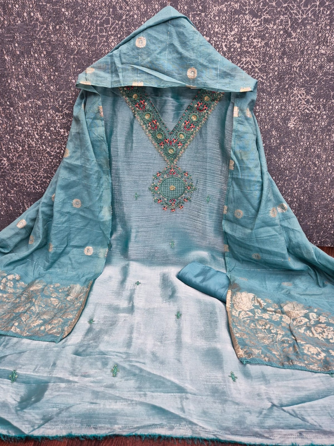 Peachmode Powder Blue Barbari Silk Unstitched Dress Material With V-Neck Floral Thread Embroidery - Image 5
