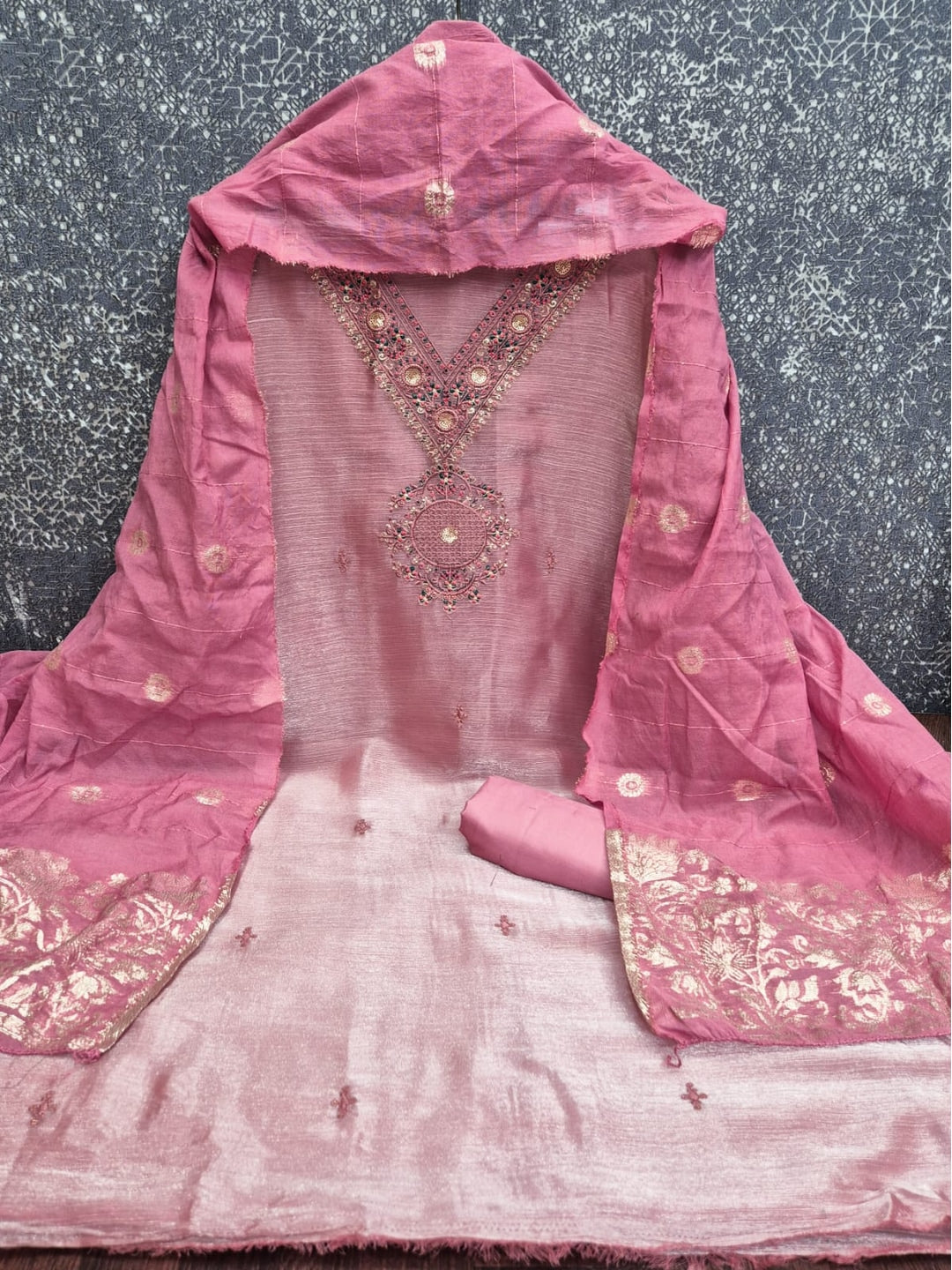 Peachmode Pink Barbari Silk Unstitched Dress Material With V-Neck Floral Thread Embroidery - Image 3
