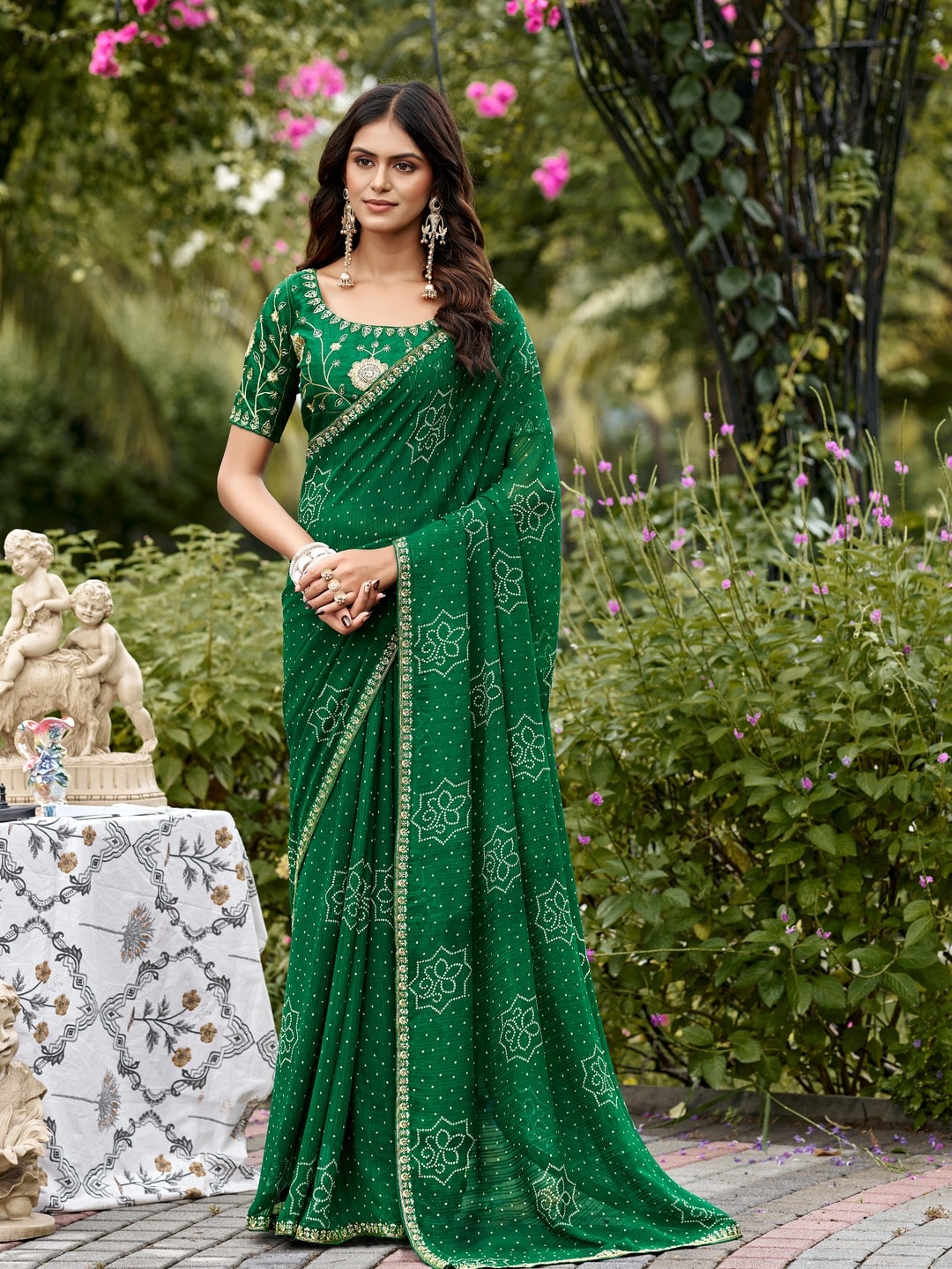 Peachmode Green Bandhani Printed Georgette Saree With Embroidered Border - Image 1